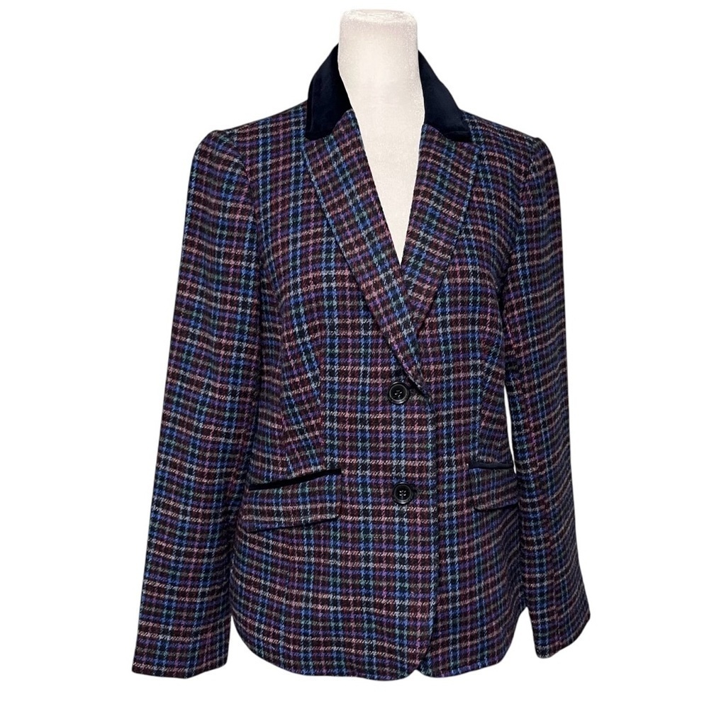 Talbots Blue Plaid Velvet Collar Shetland Wool Blazer Size 6 - Picture 2 of 10